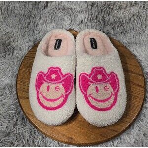 Joe Boxer Nordstrom XL 11-12 Pink Cowboy Wink/Smiley Faux Fur Lined Slippers